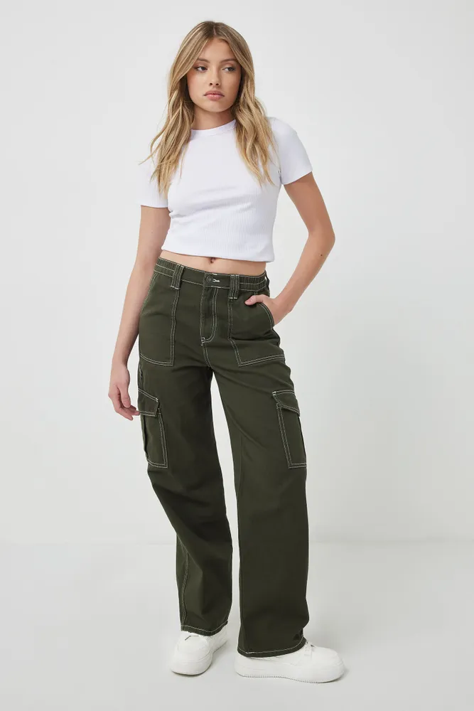 Ardene Ardene High Rise 90's Cargo Jeans in Dark Green | Size | 100% Cotton