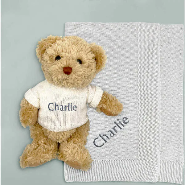 Babyblooms Personalized Bertie Bear with Blanket, Grey