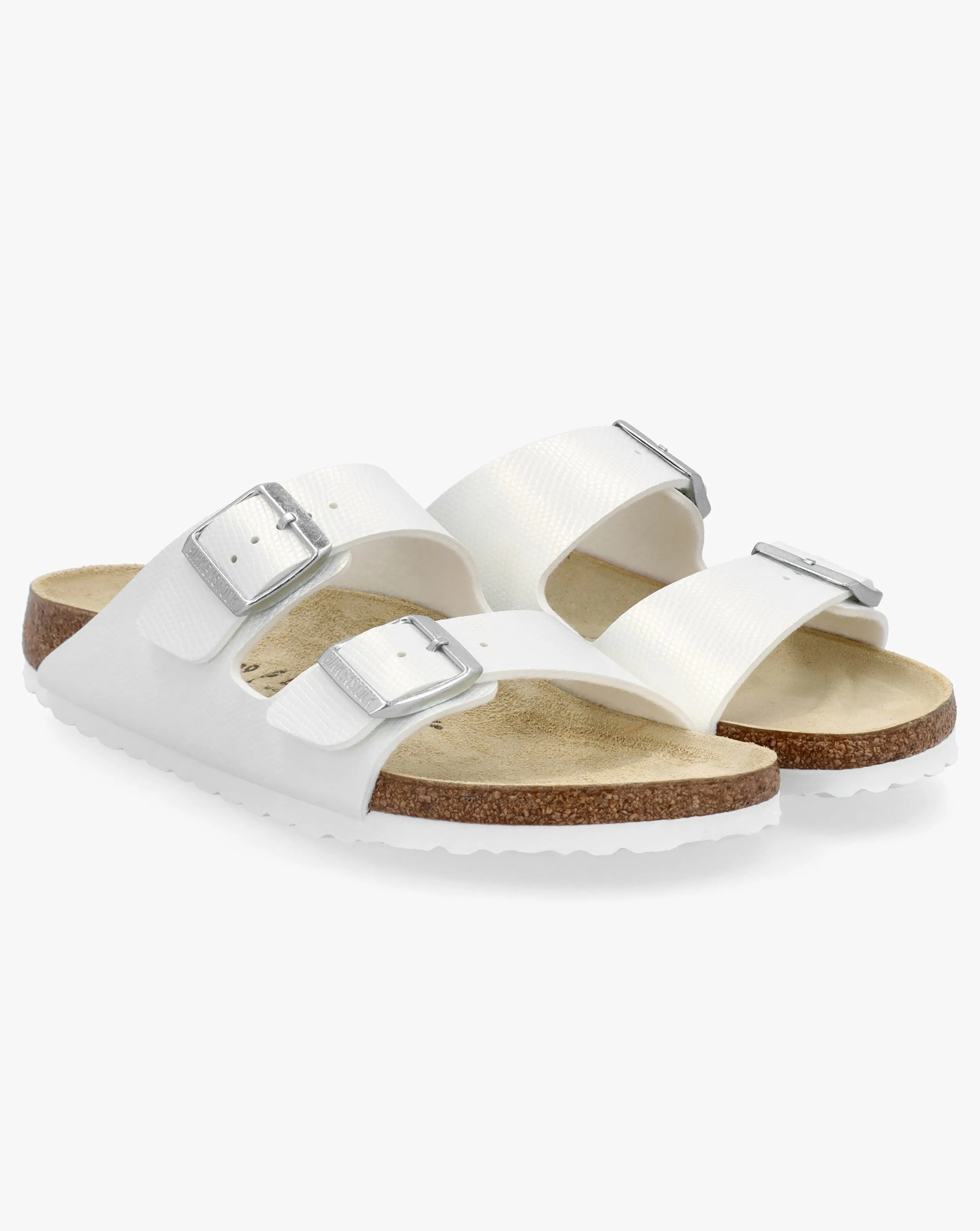 Birkenstock Arizona Birko-Flor Shiny Lizard White Two Bar Mules Narrow Width