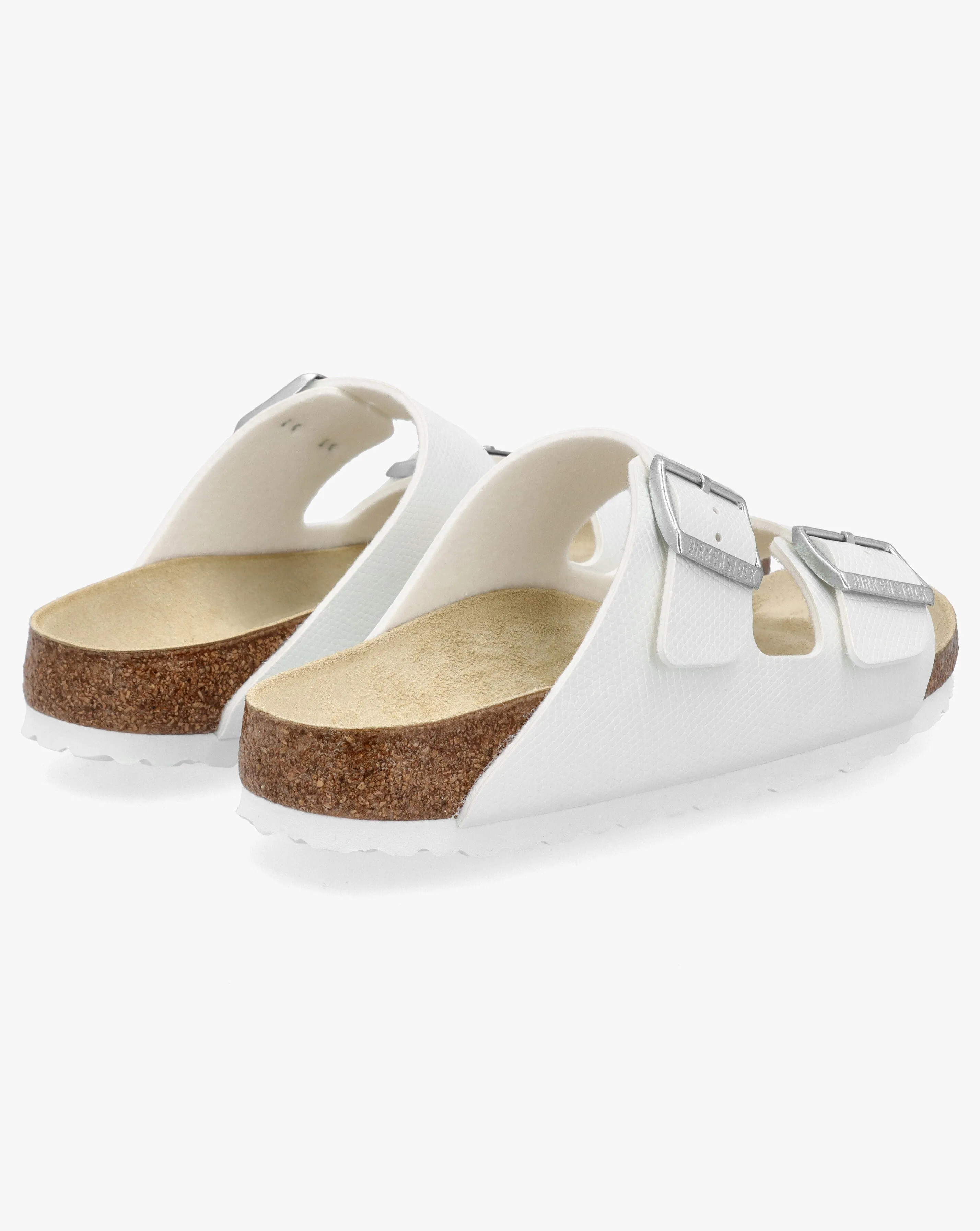 Birkenstock Arizona Birko-Flor Shiny Lizard White Two Bar Mules Narrow Width