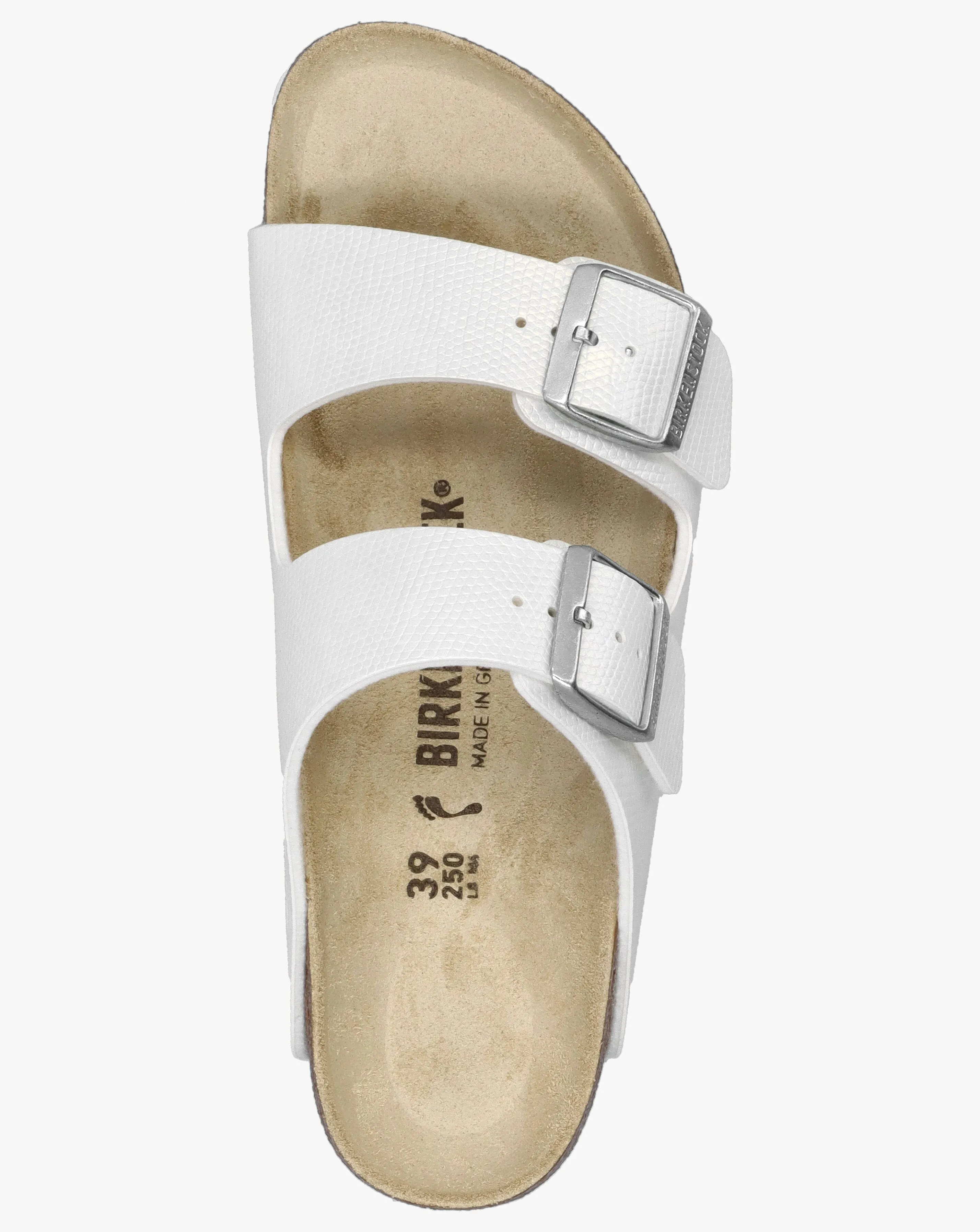 Birkenstock Arizona Birko-Flor Shiny Lizard White Two Bar Mules Narrow Width