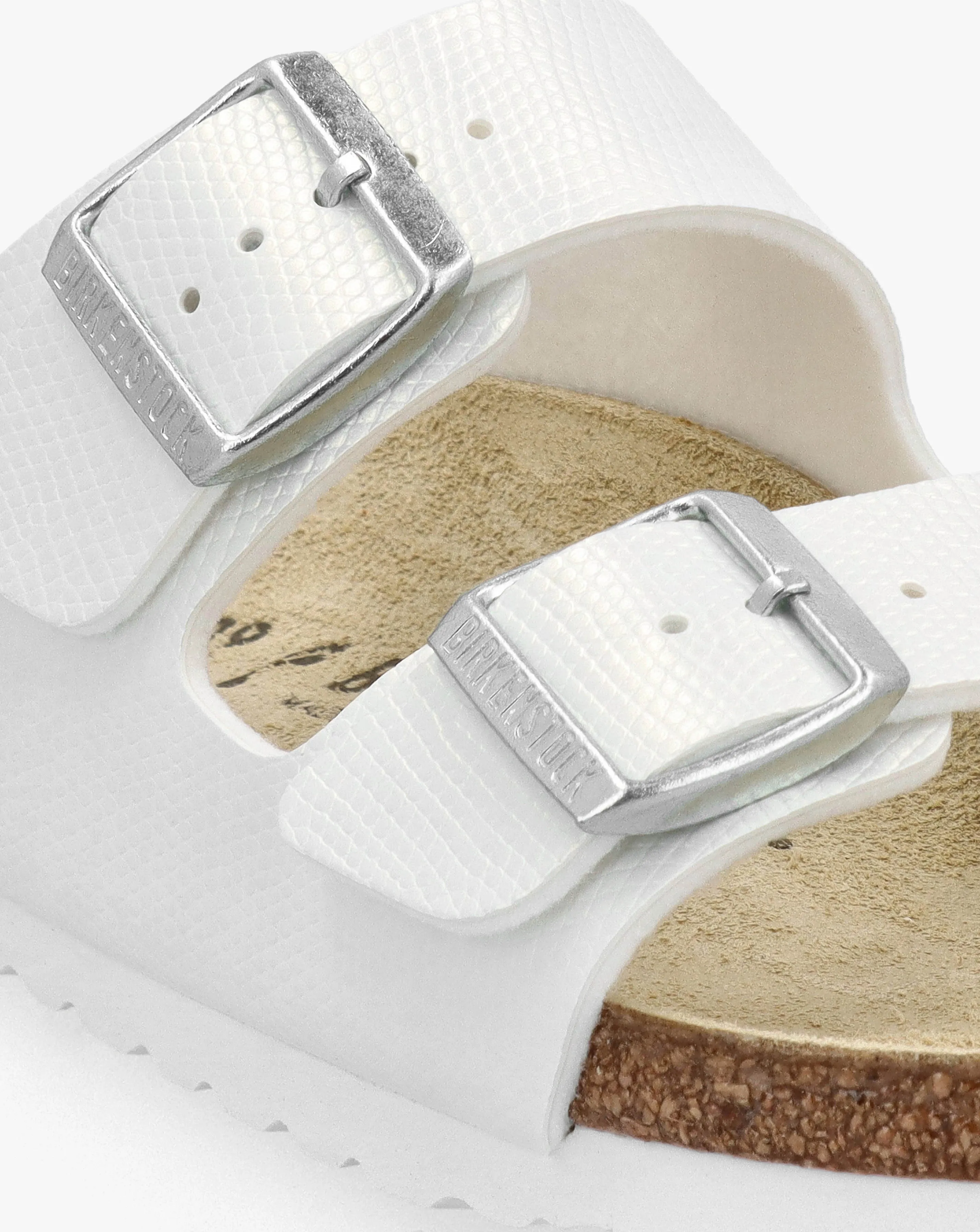 Birkenstock Arizona Birko-Flor Shiny Lizard White Two Bar Mules Narrow Width