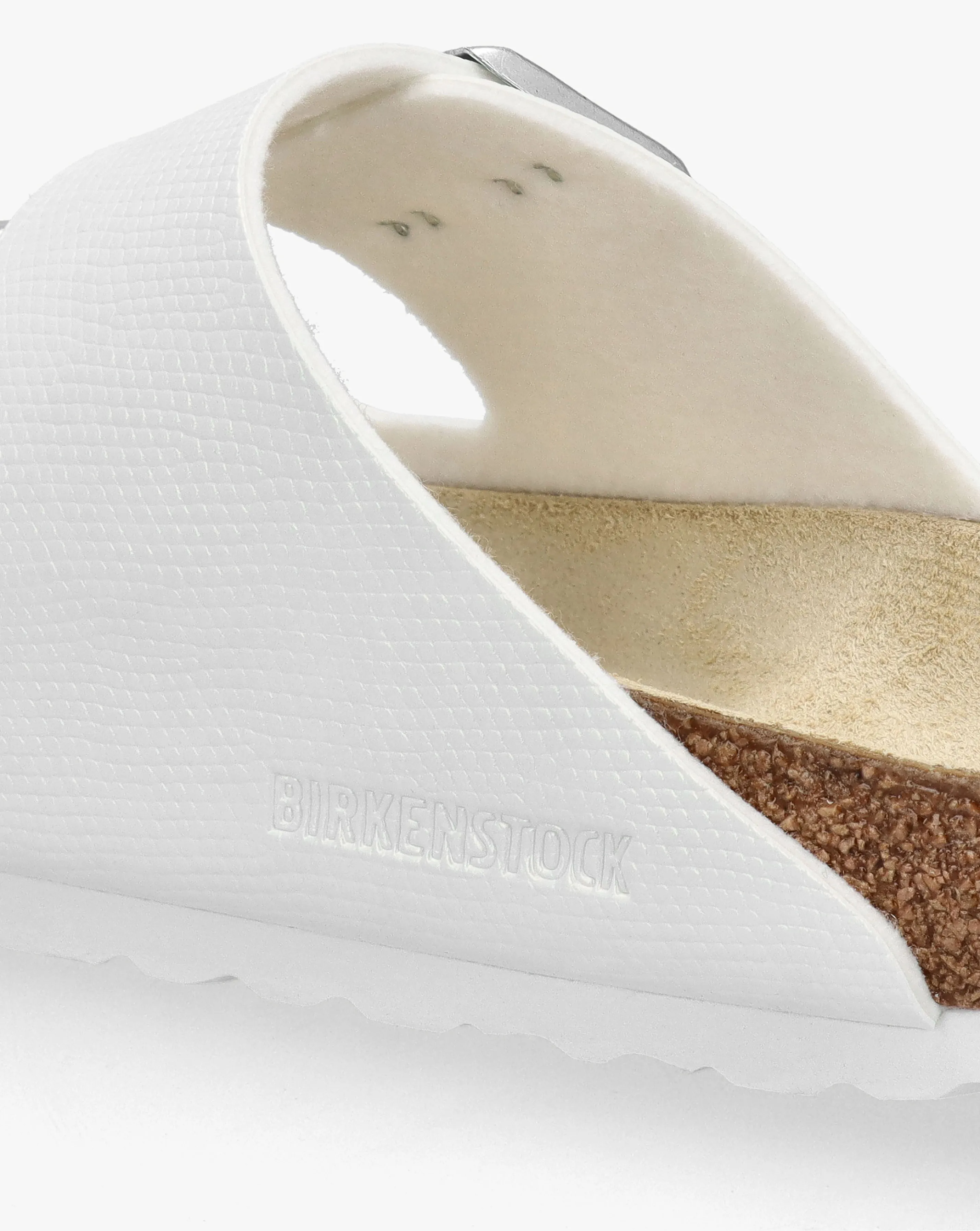 Birkenstock Arizona Birko-Flor Shiny Lizard White Two Bar Mules Narrow Width