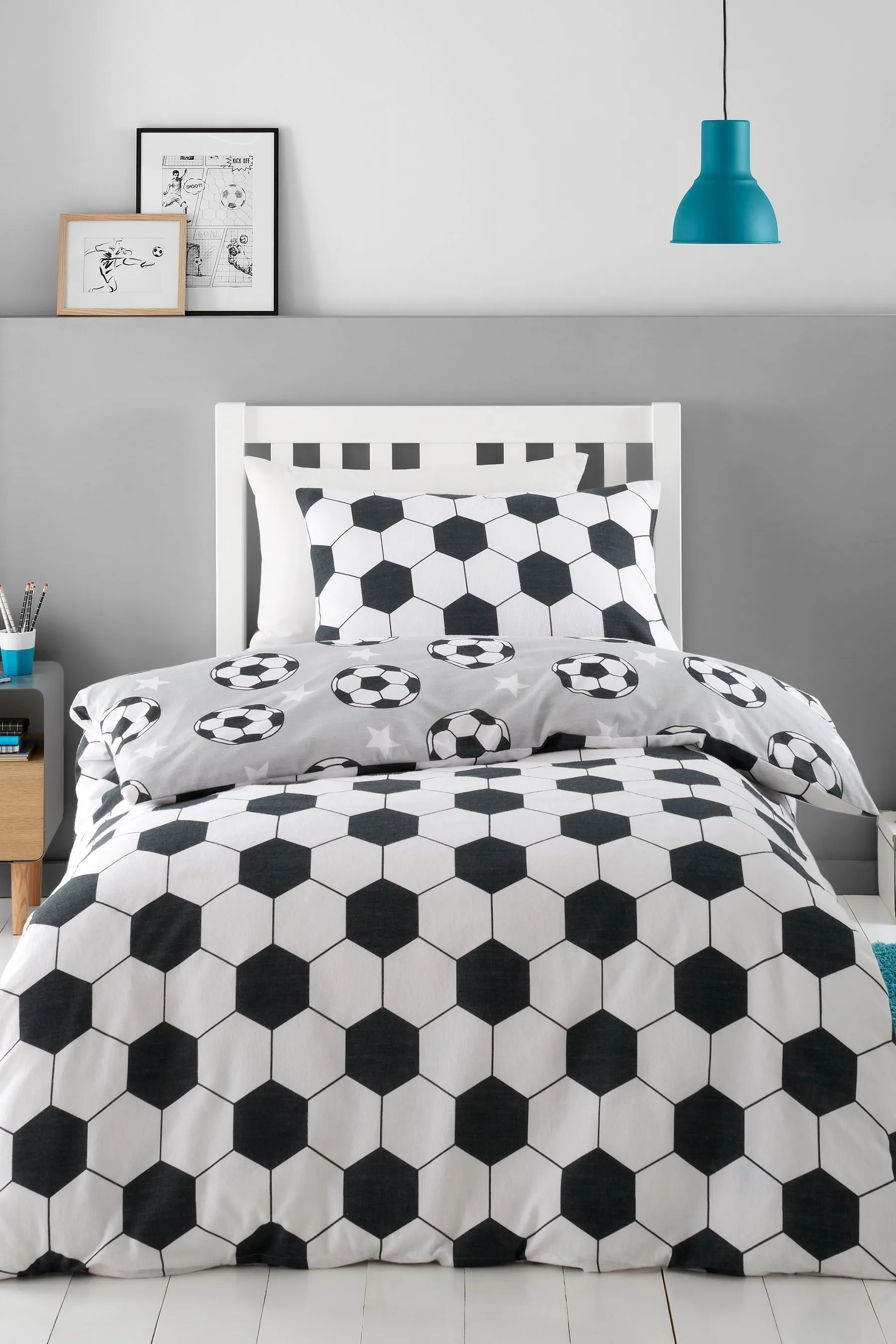 Catherine Lansfield Grey Brushed Cotton Football Stars Duvet Cover Set