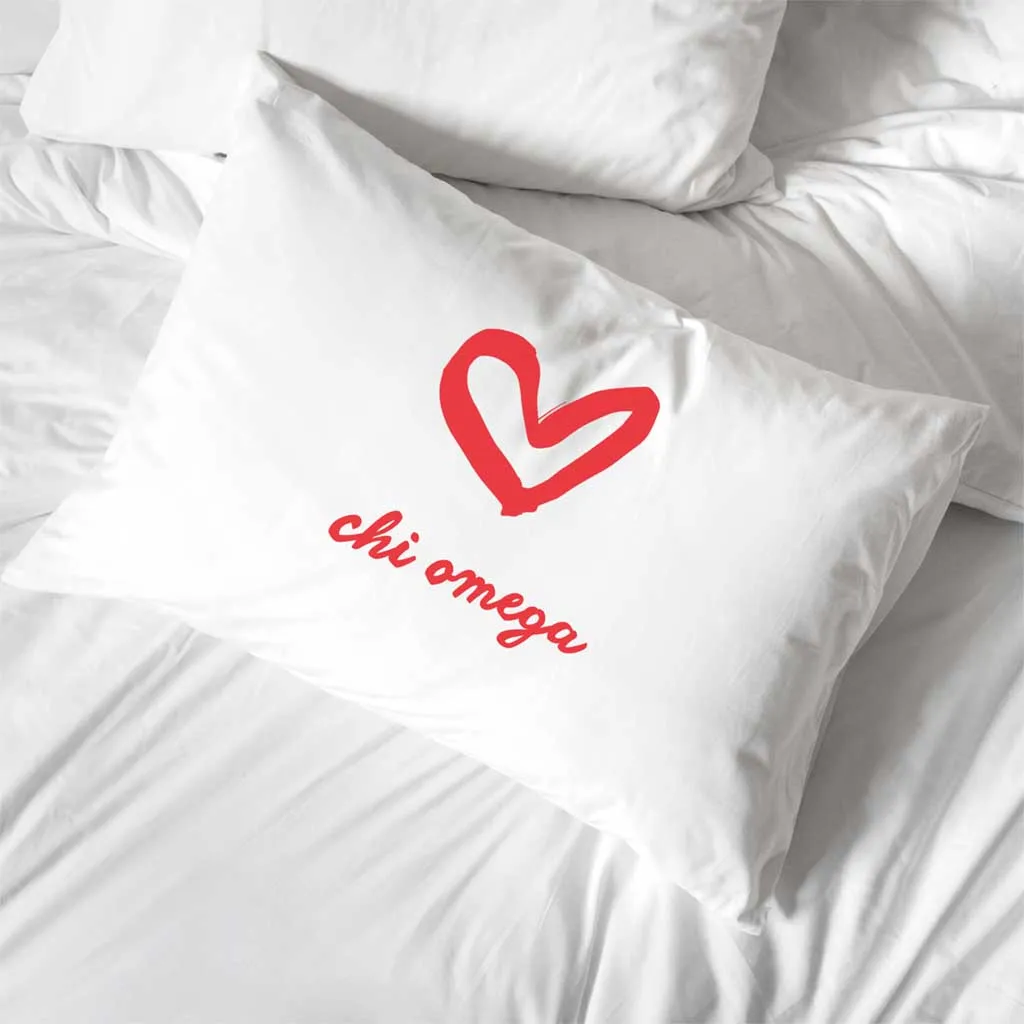 Chi Omega Sorority Name with Heart Design on Printed Pillowcase