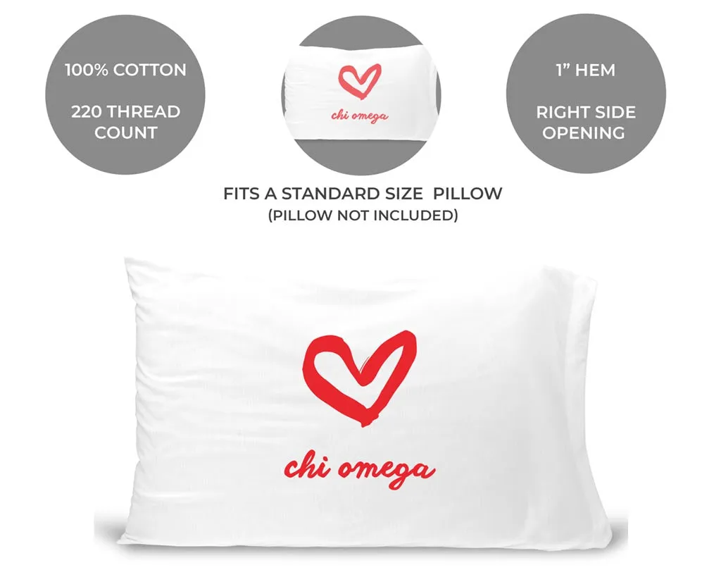 Chi Omega Sorority Name with Heart Design on Printed Pillowcase