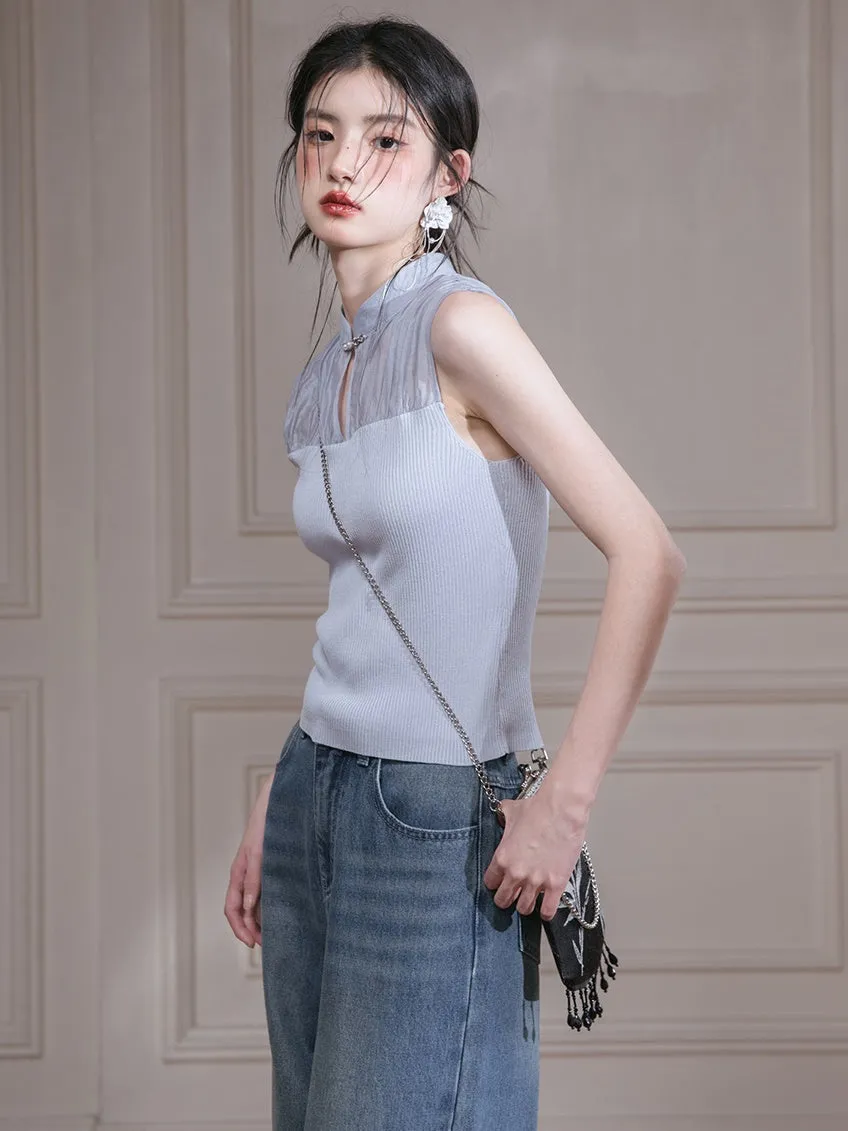 Chinese Style Spliced Knitted Sleeveless Top