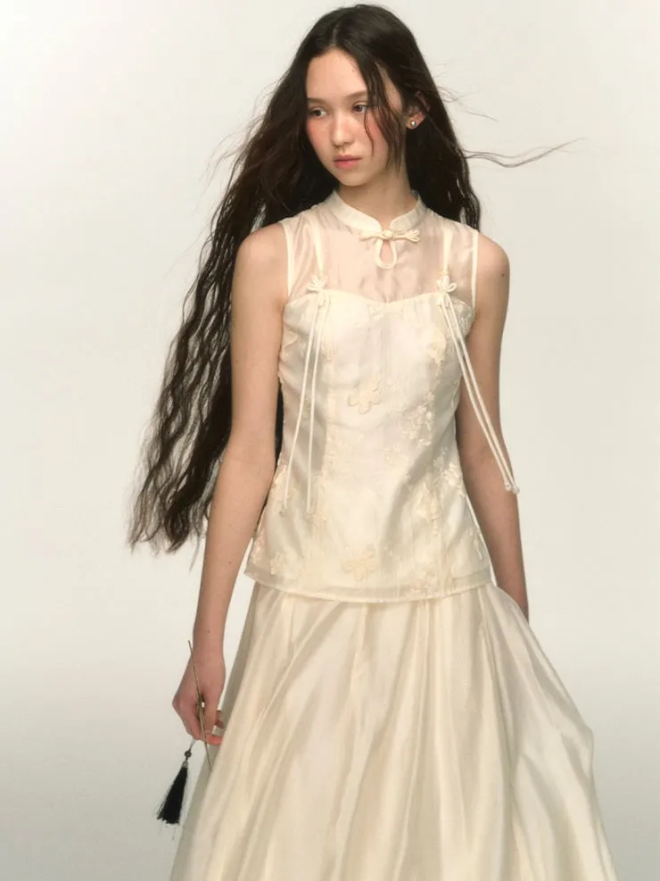 Chinese Style Three-dimensional Butterfly Sleeveless Top & Long Skirt