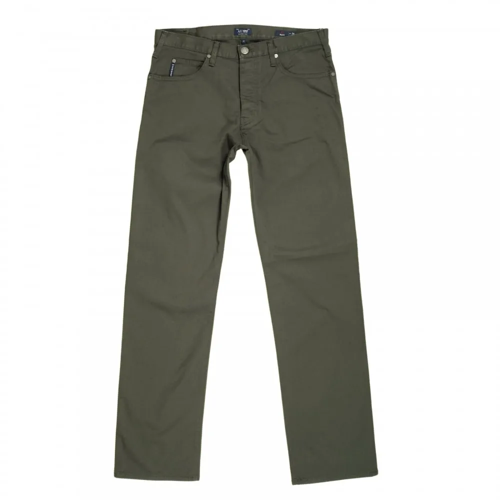 Dark Green J21 Regular Fit Stretch Jeans for Men with Button Fly and Metal Eagle Logo on Back Pocket