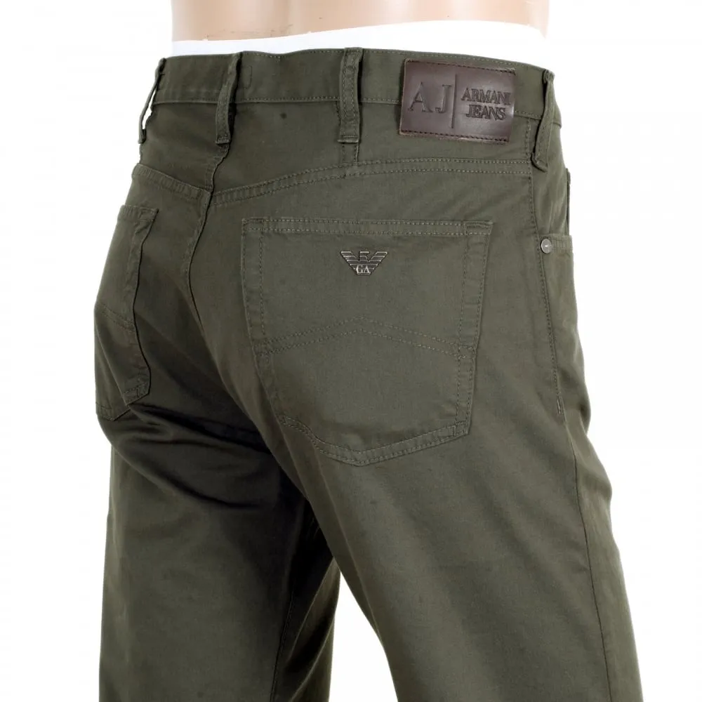 Dark Green J21 Regular Fit Stretch Jeans for Men with Button Fly and Metal Eagle Logo on Back Pocket