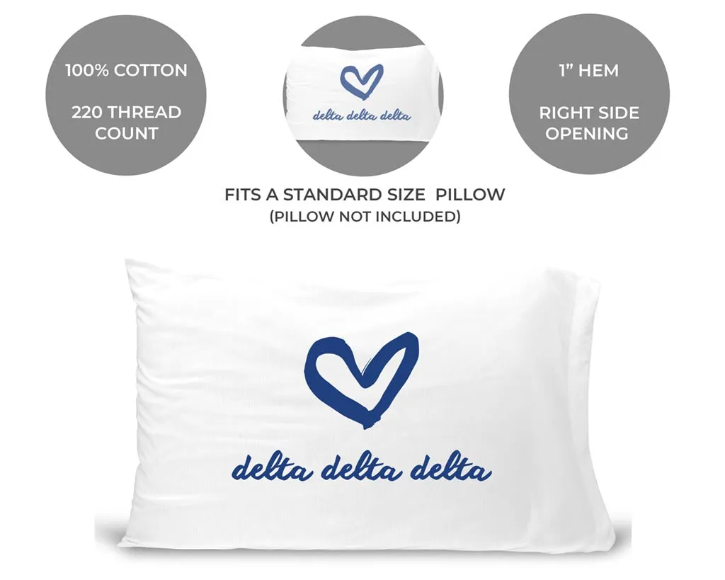 Delta Delta Delta Sorority Name with Heart Design on Printed Pillowcase