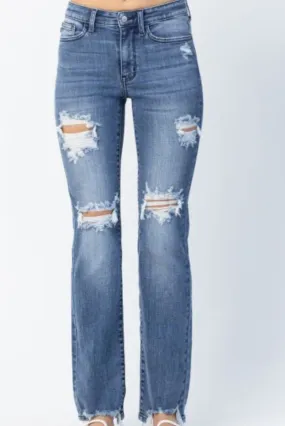 Destroyed Straight Leg Mid-Rise Jeans