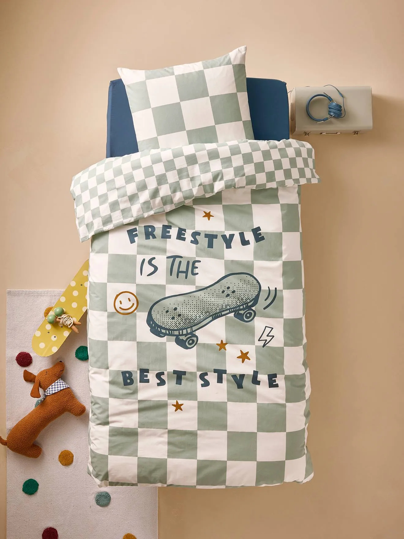 Duvet Cover + Pillowcase Set for Children, with Recycled Cotton Content, Damier Freestyle - chequered green