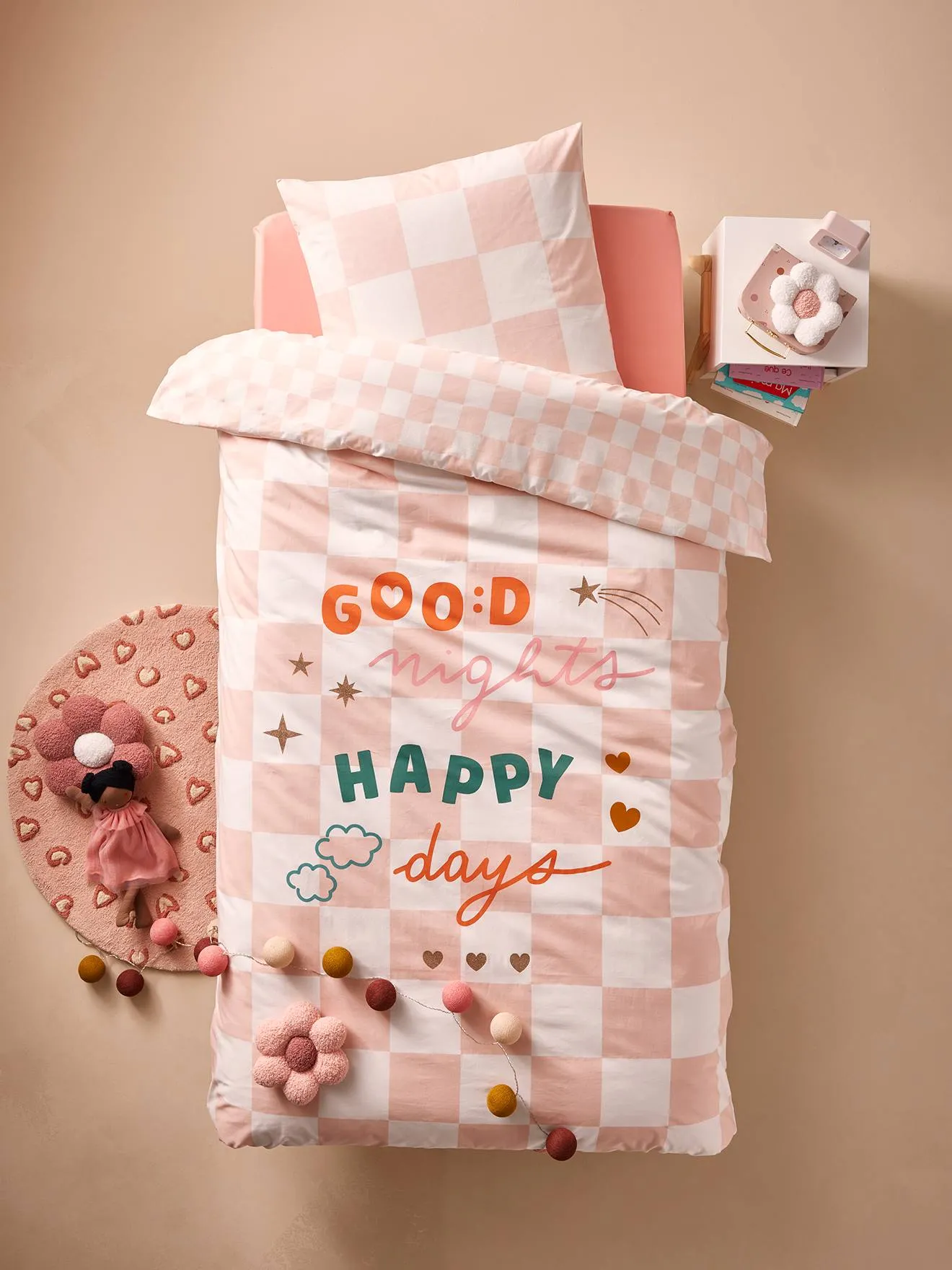 Duvet Cover + Pillowcase Set for Children, with Recycled Cotton Content, Damier Good Vibes - chequered pink