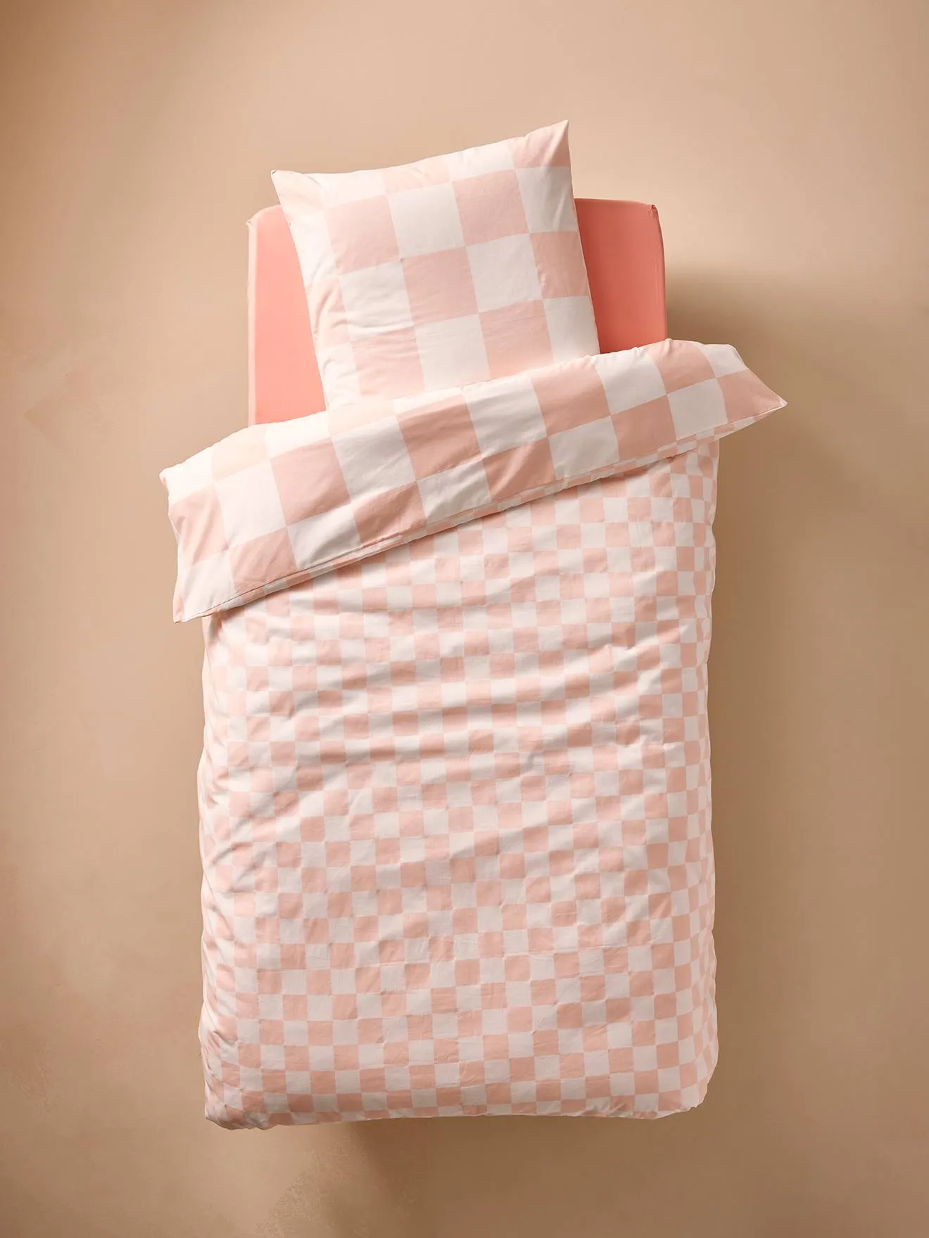 Duvet Cover + Pillowcase Set for Children, with Recycled Cotton Content, Damier Good Vibes - chequered pink