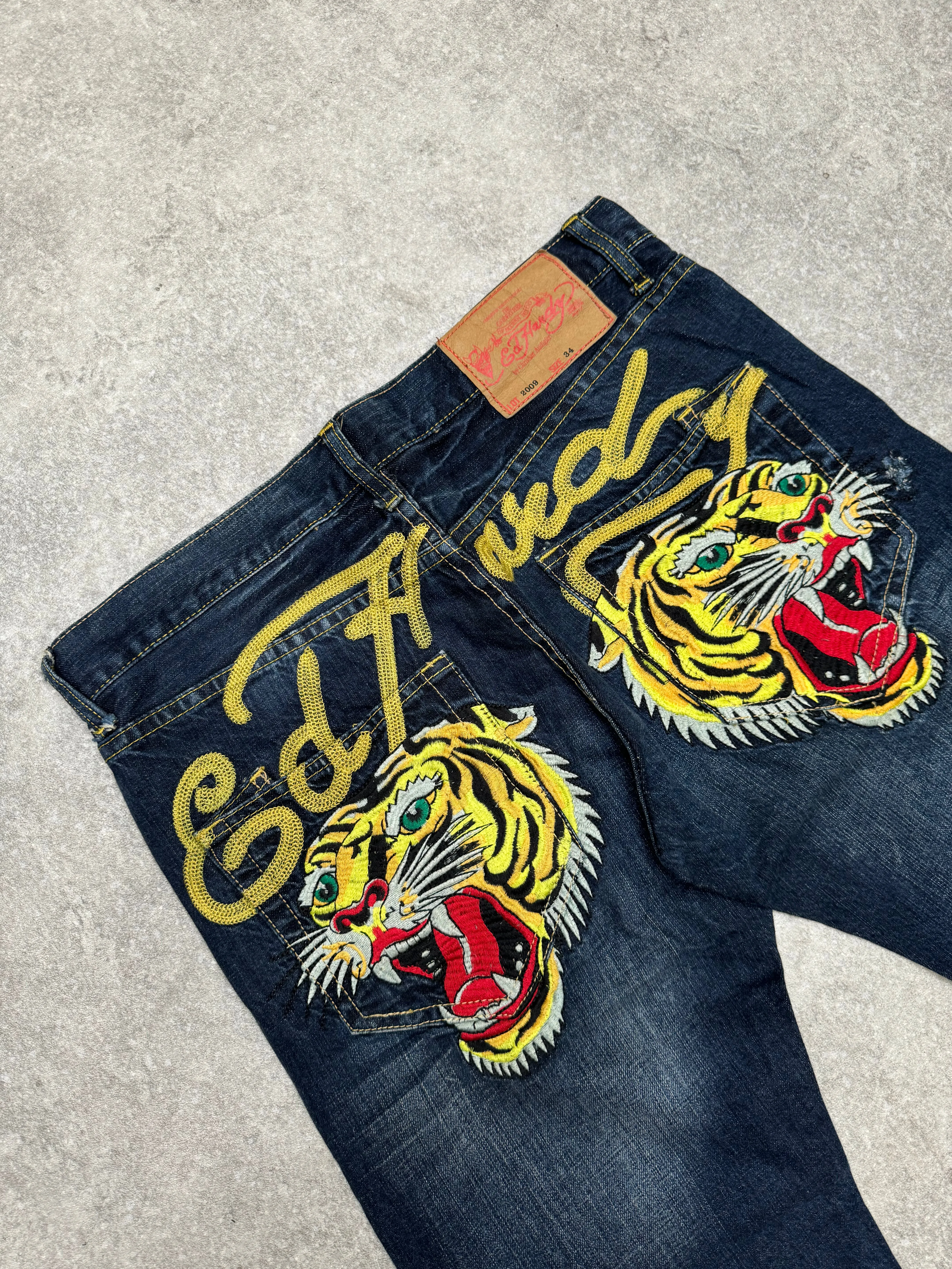 Ed Hardy Darkwash Tiger Head Embroidered Jeans