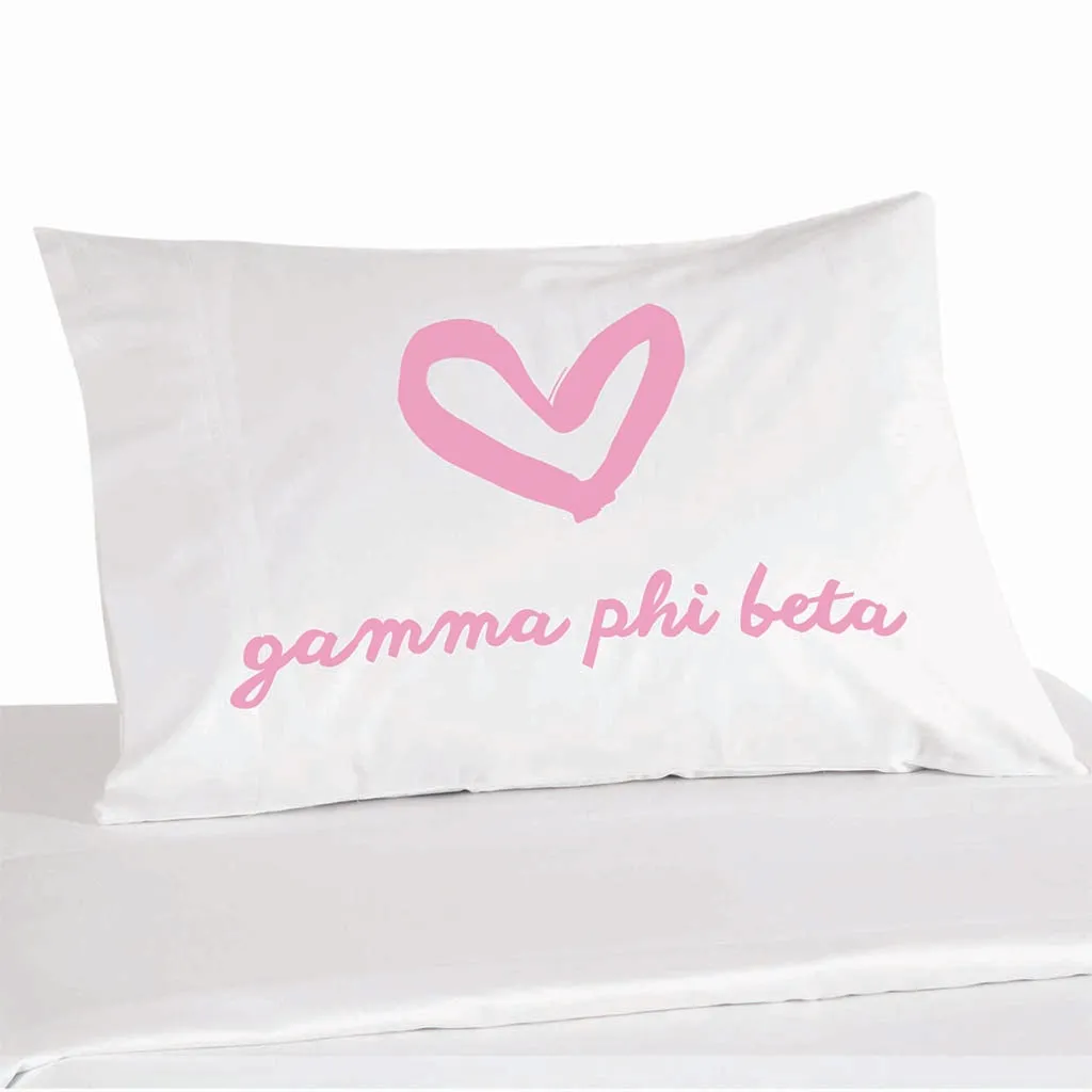 Gamma Phi Beta Sorority Name with Heart Design on Printed Pillowcase