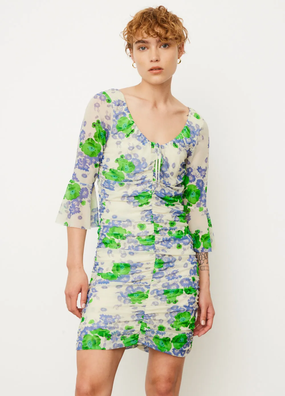 Ganni -  Printed Mesh Ruched Mini Dress - Dress