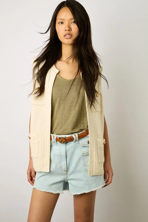 Gerard Darel LIZZIE LONG TWEED-EFFECT CROCHET SLEEVELESS CARDIGAN