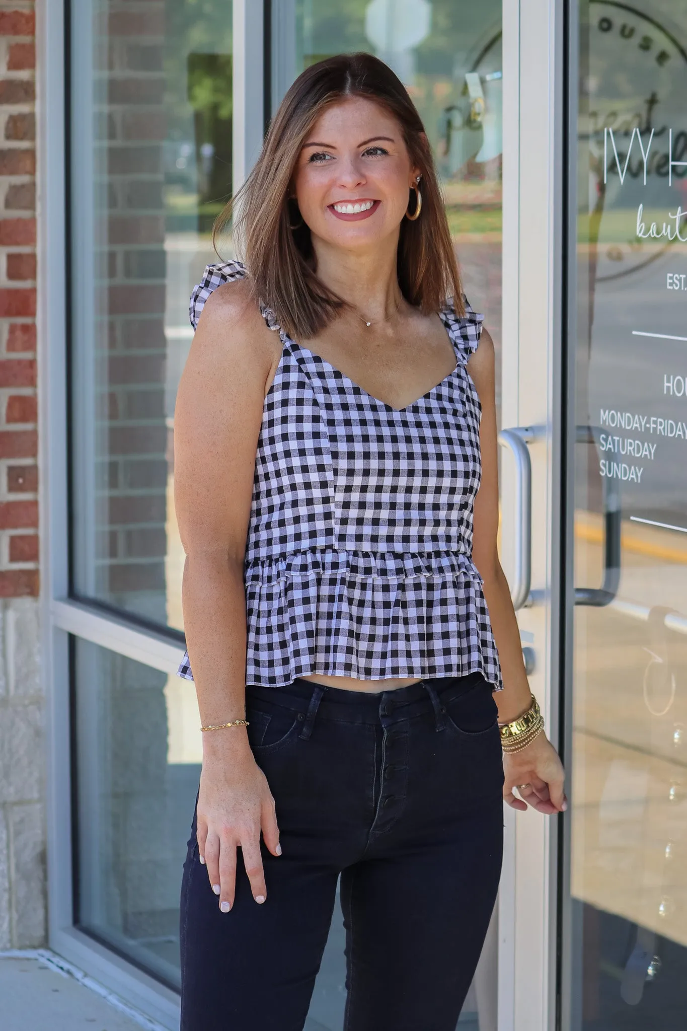 Gingham Peplum Tank - Black-