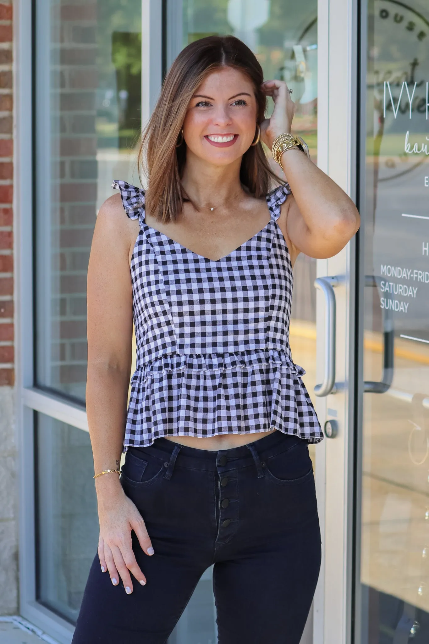 Gingham Peplum Tank - Black-