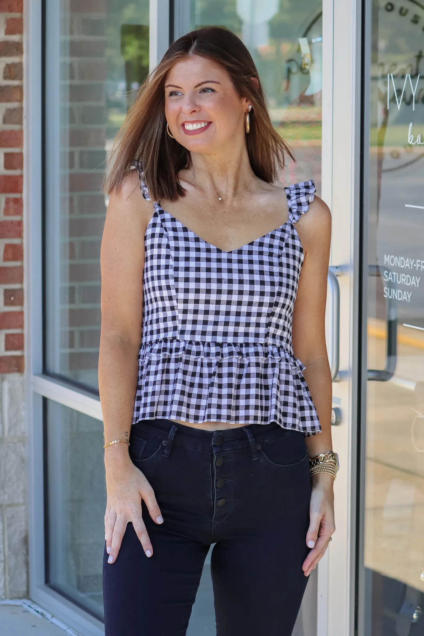 Gingham Peplum Tank - Black-