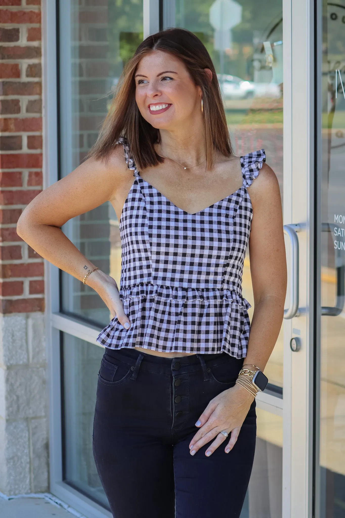 Gingham Peplum Tank - Black-