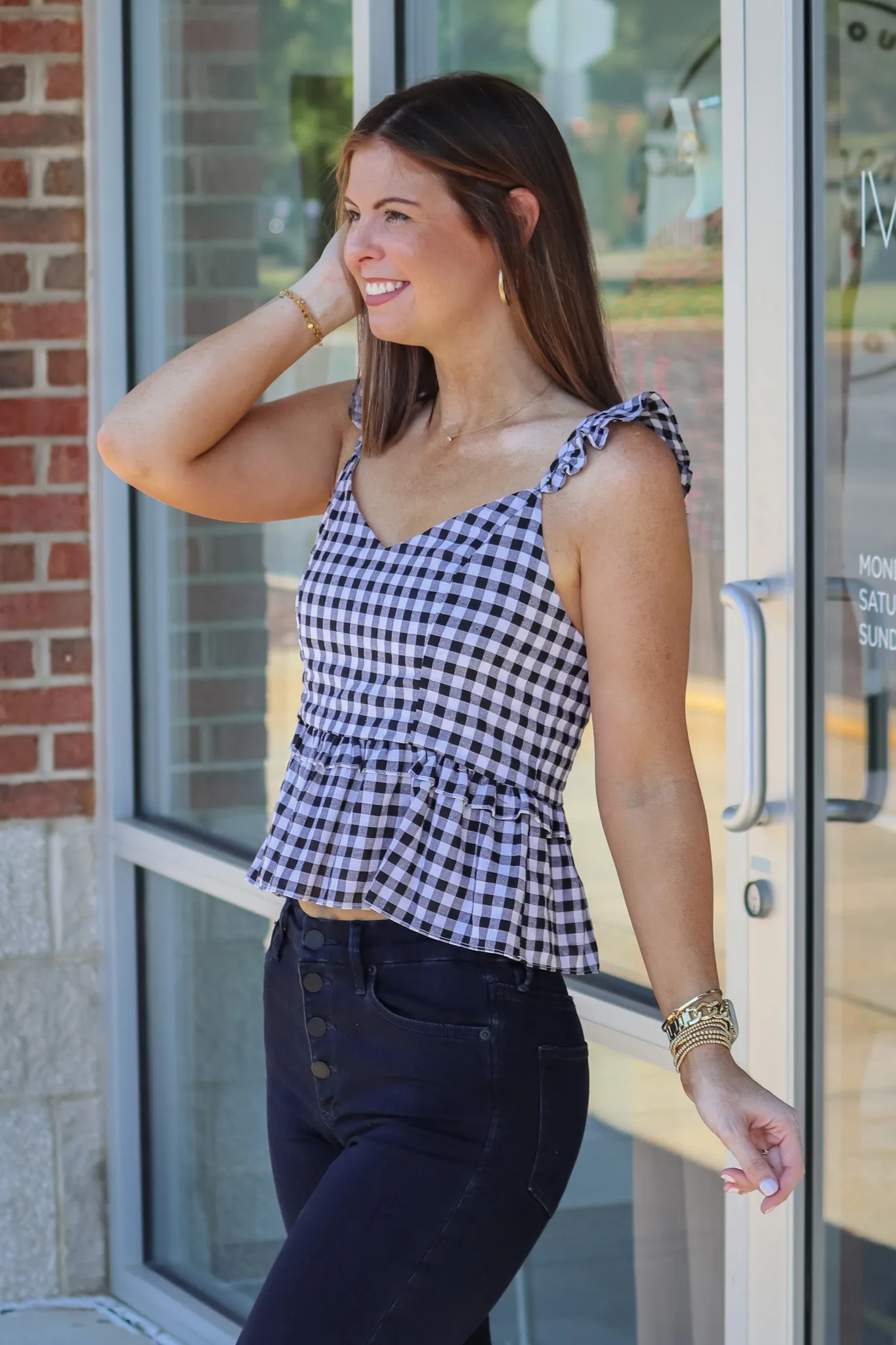 Gingham Peplum Tank - Black-