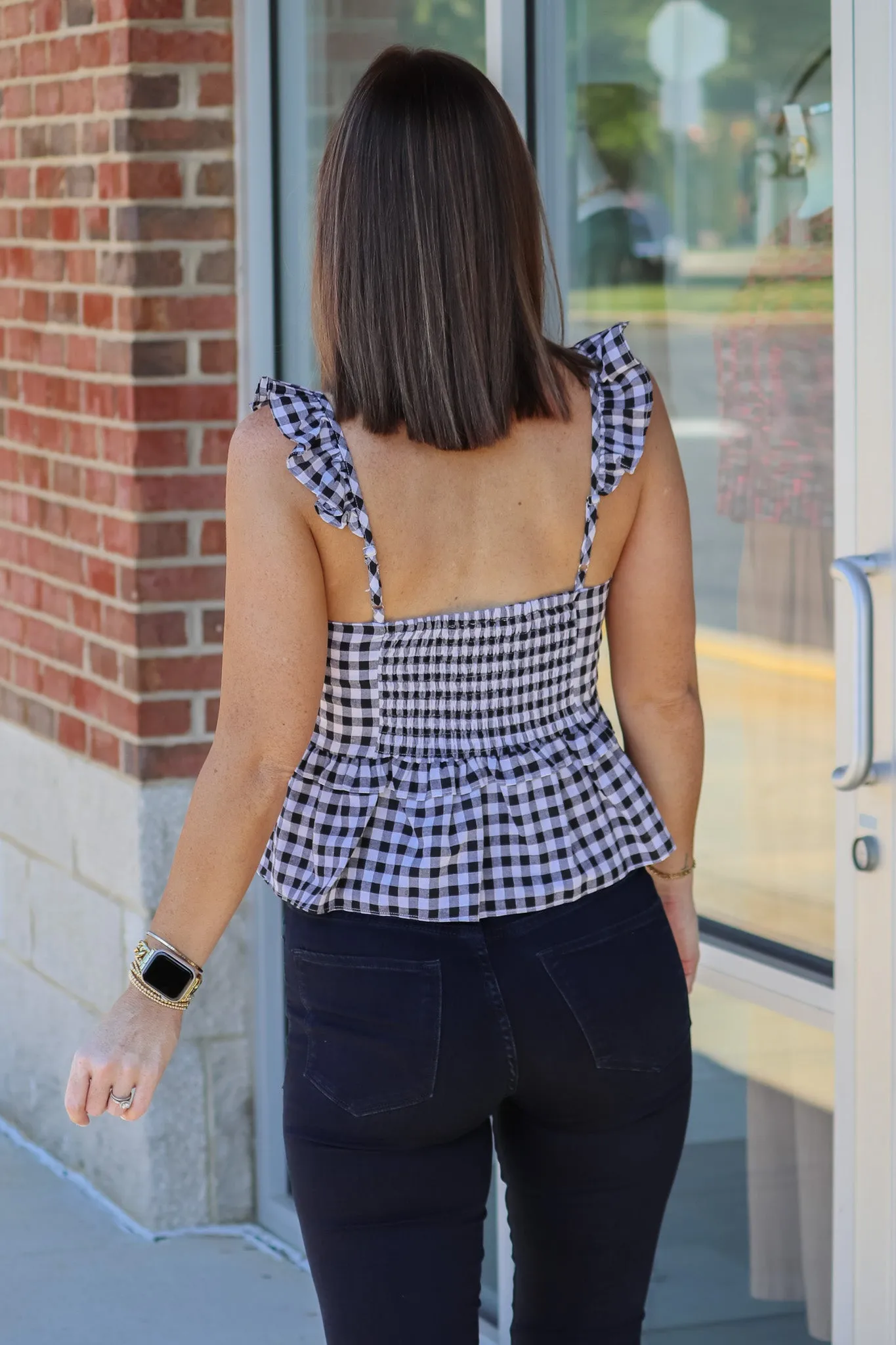 Gingham Peplum Tank - Black-