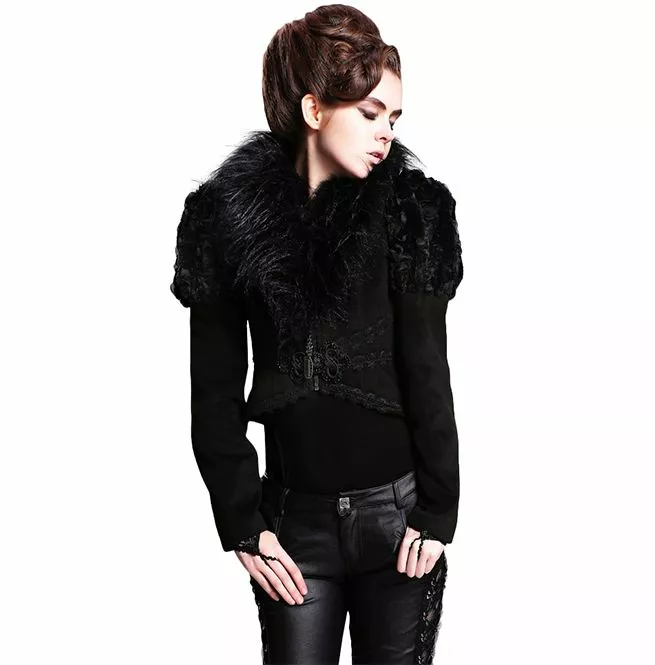 Gothic Black Puff Shoulder Short Jacket With Removable Womenol Collar for Women