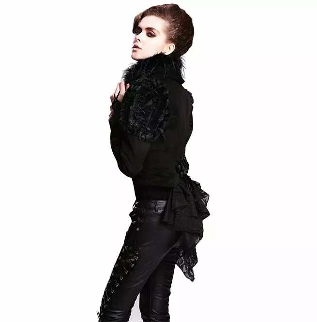 Gothic Black Puff Shoulder Short Jacket With Removable Womenol Collar for Women