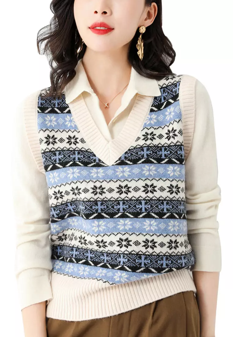 HAPPY FRIDAYS Wool Blend V Neck Nordic Patterned Knit Vest JW QT-314