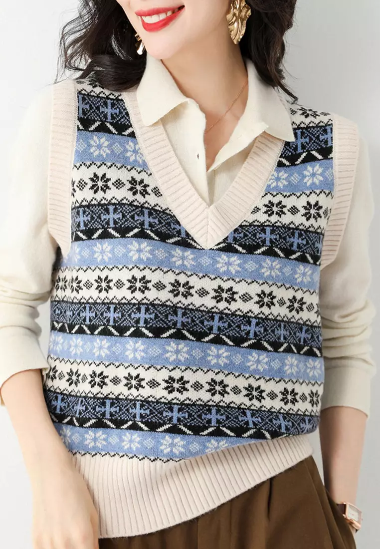 HAPPY FRIDAYS Wool Blend V Neck Nordic Patterned Knit Vest JW QT-314