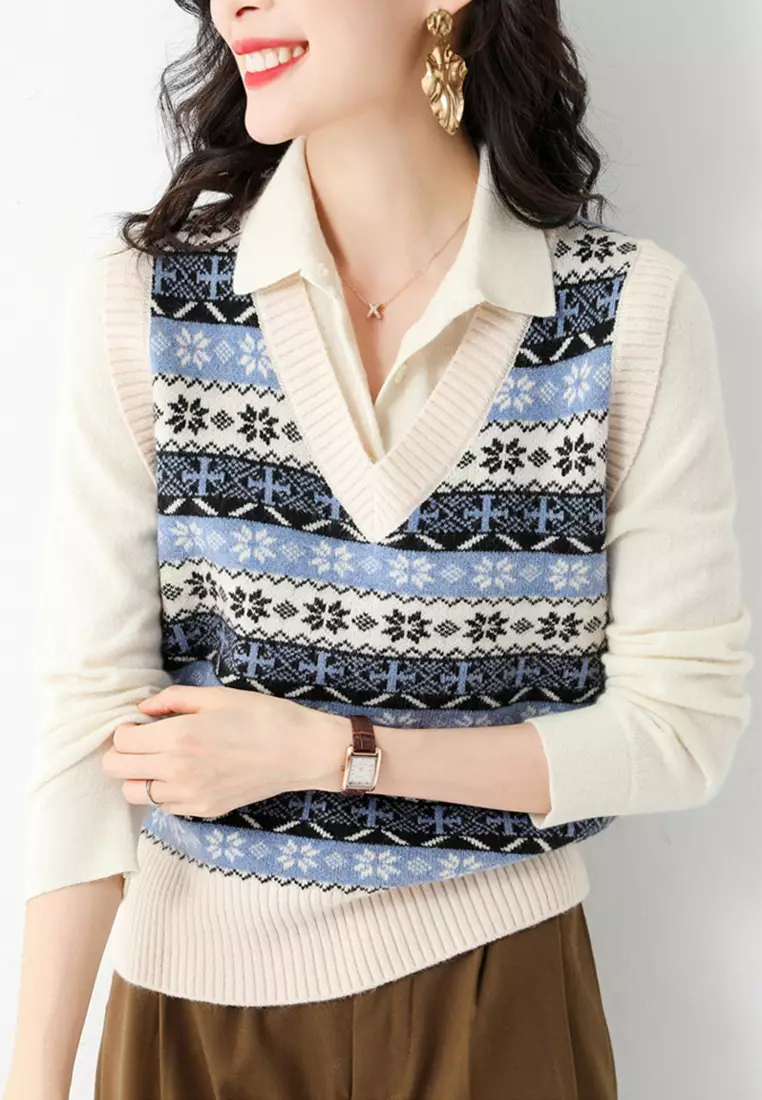 HAPPY FRIDAYS Wool Blend V Neck Nordic Patterned Knit Vest JW QT-314