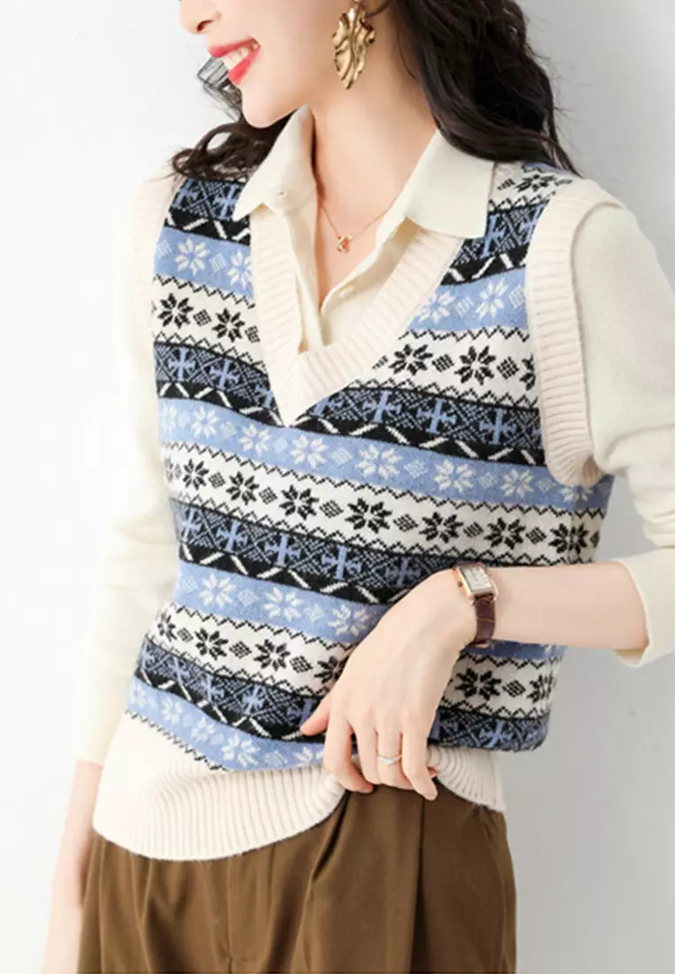 HAPPY FRIDAYS Wool Blend V Neck Nordic Patterned Knit Vest JW QT-314