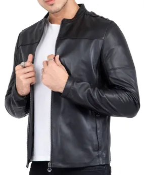 Happy Gentleman B101 - Mens Black Genuine Leather Biker Jacket - Slim Fit