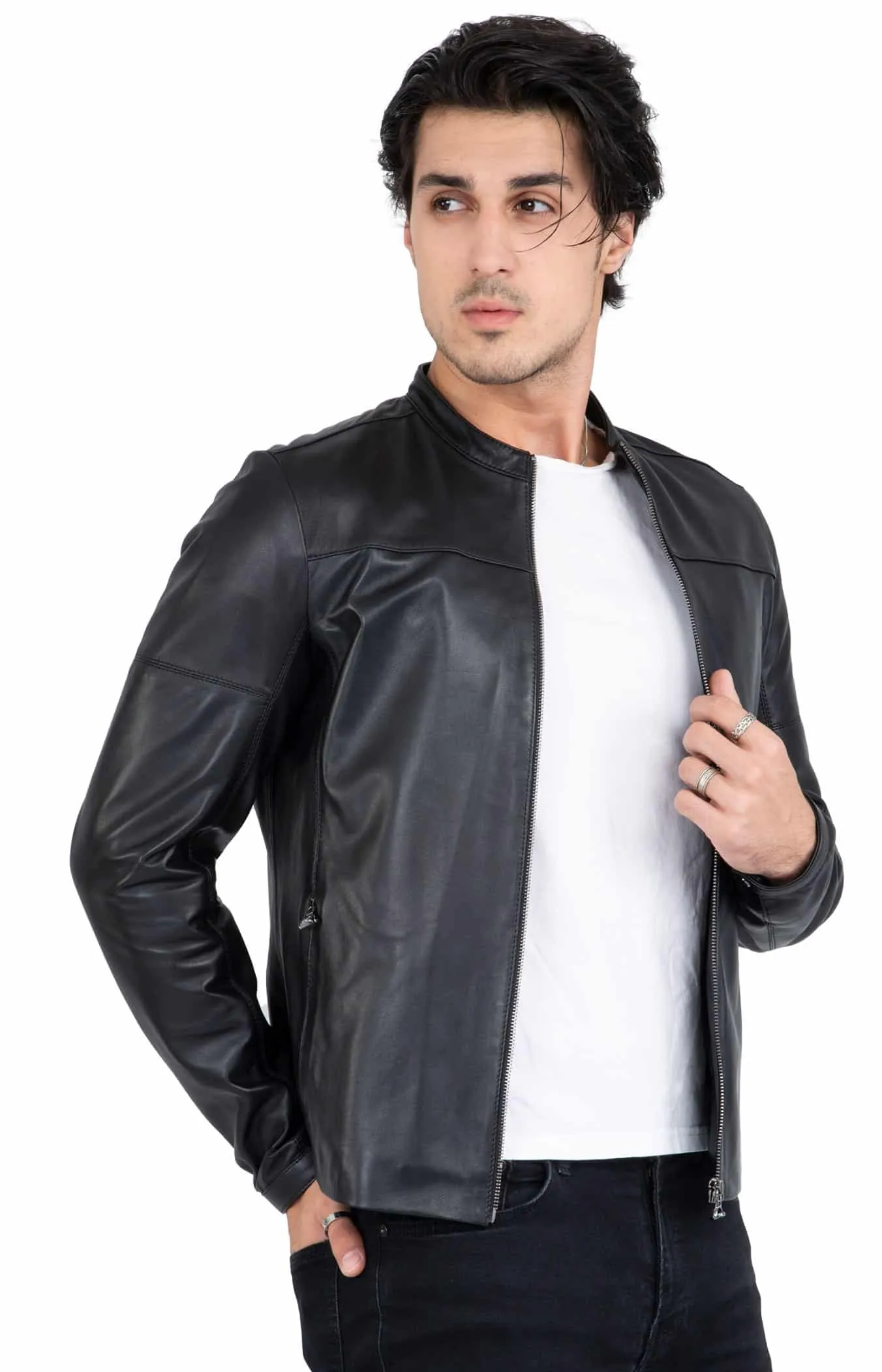 Happy Gentleman B101 - Mens Black Genuine Leather Biker Jacket - Slim Fit