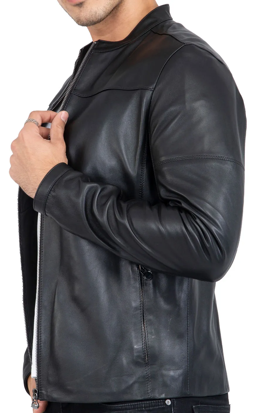 Happy Gentleman B101 - Mens Black Genuine Leather Biker Jacket - Slim Fit