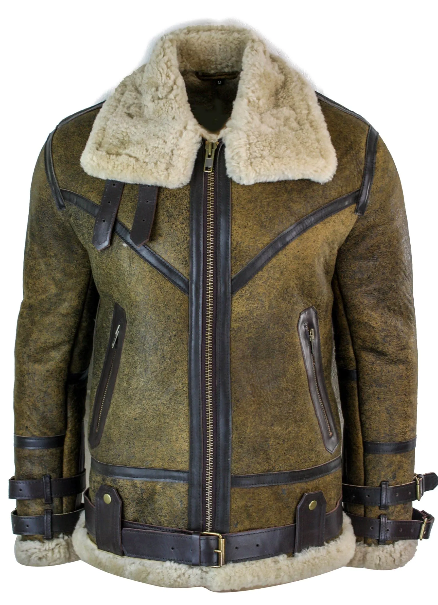 Infinity EK01 Mens Sherling Real Sheepskin Leather Viking Vintage RAF Jacket Brown Cream Fur