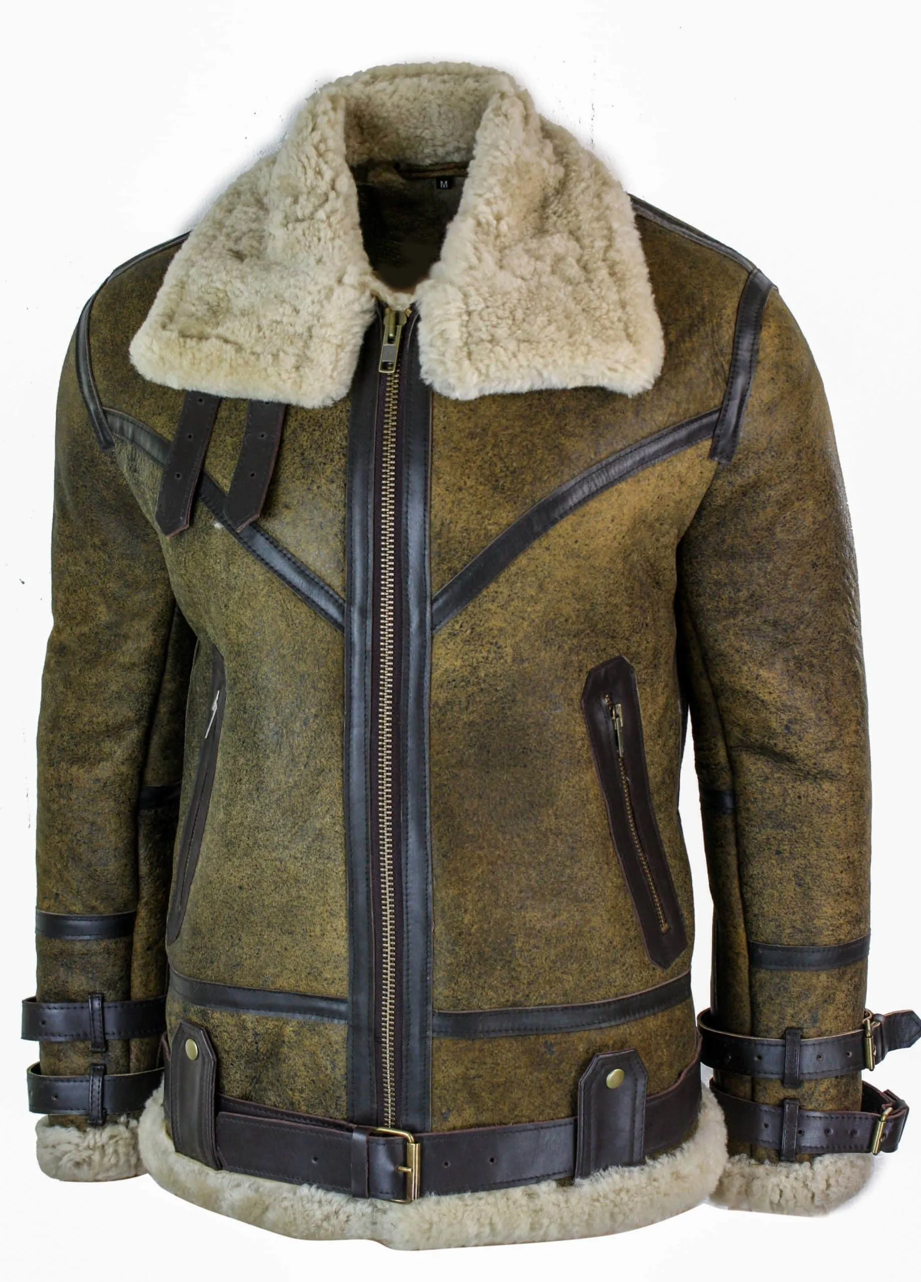 Infinity EK01 Mens Sherling Real Sheepskin Leather Viking Vintage RAF Jacket Brown Cream Fur