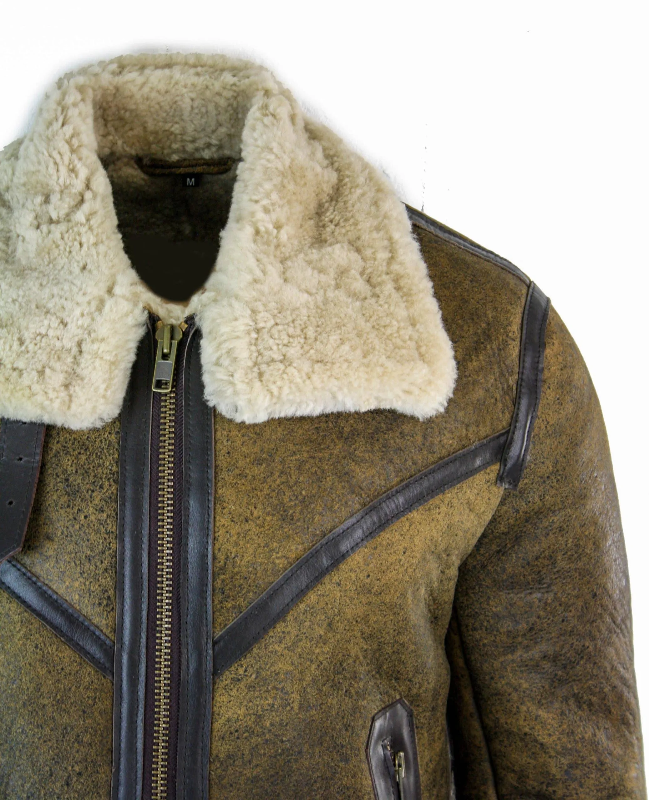 Infinity EK01 Mens Sherling Real Sheepskin Leather Viking Vintage RAF Jacket Brown Cream Fur