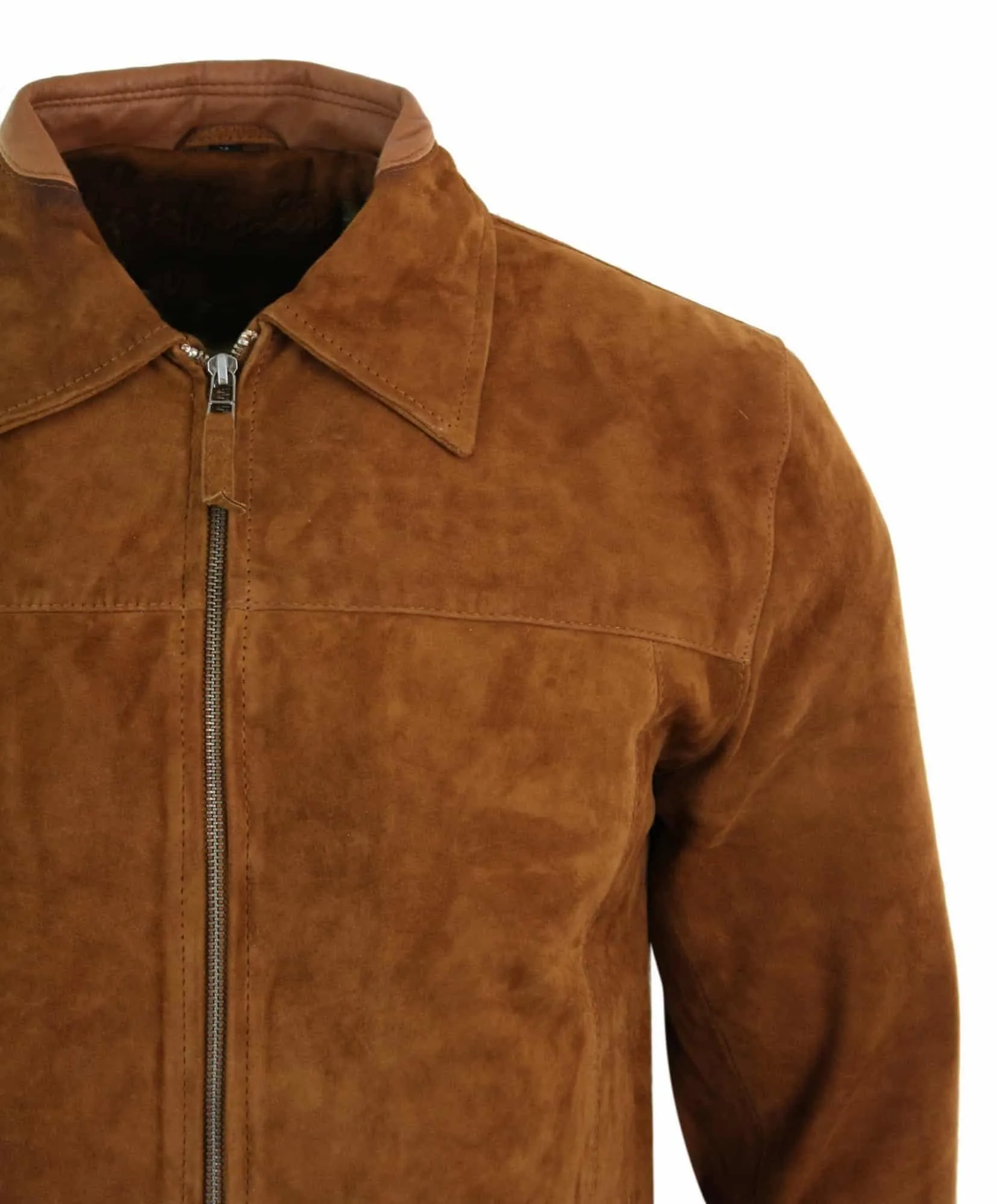 Infinity G500 Suede - Mens Real Leather Classic Zip Jacket Camel Turn Down Collar Vintage Retro