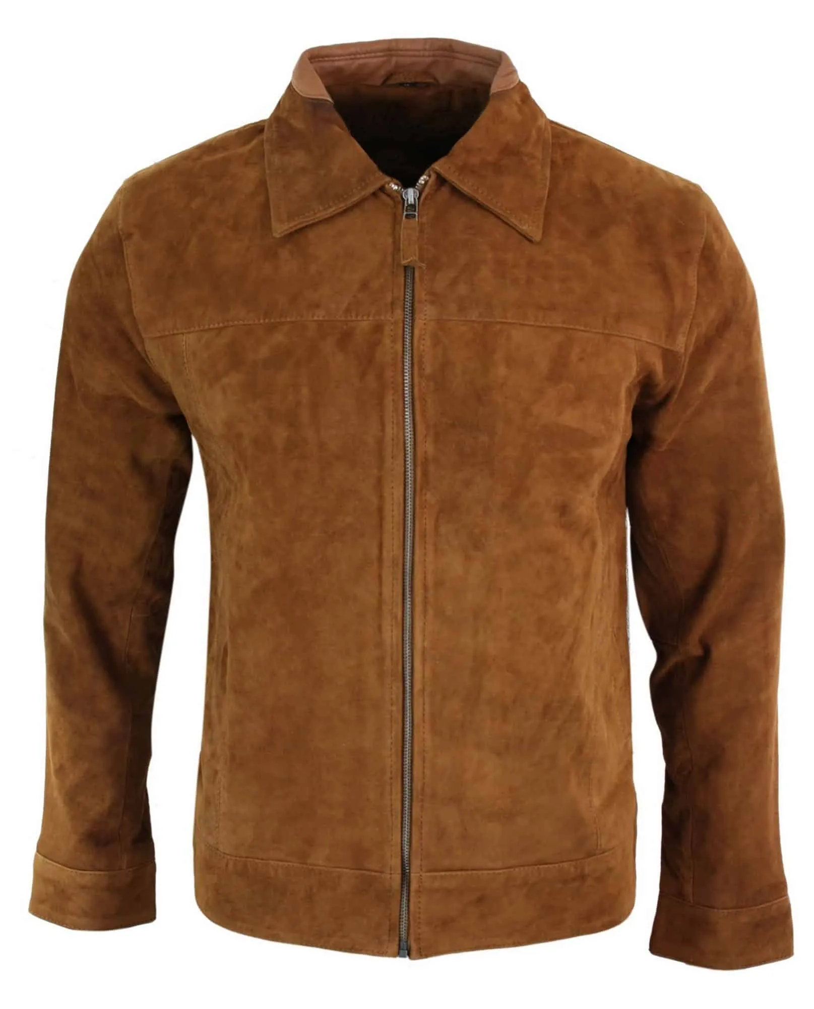 Infinity G500 Suede - Mens Real Leather Classic Zip Jacket Camel Turn Down Collar Vintage Retro