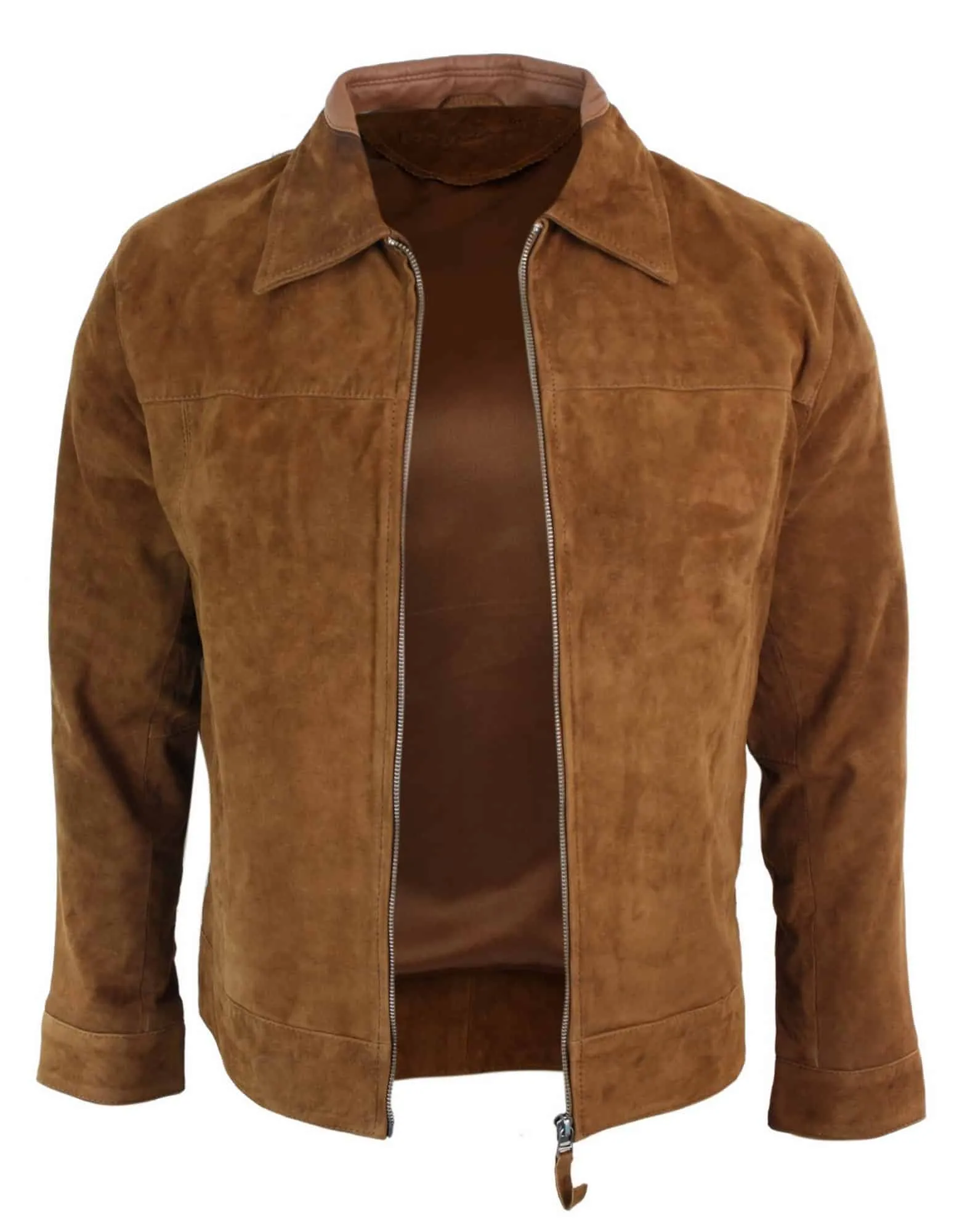 Infinity G500 Suede - Mens Real Leather Classic Zip Jacket Camel Turn Down Collar Vintage Retro