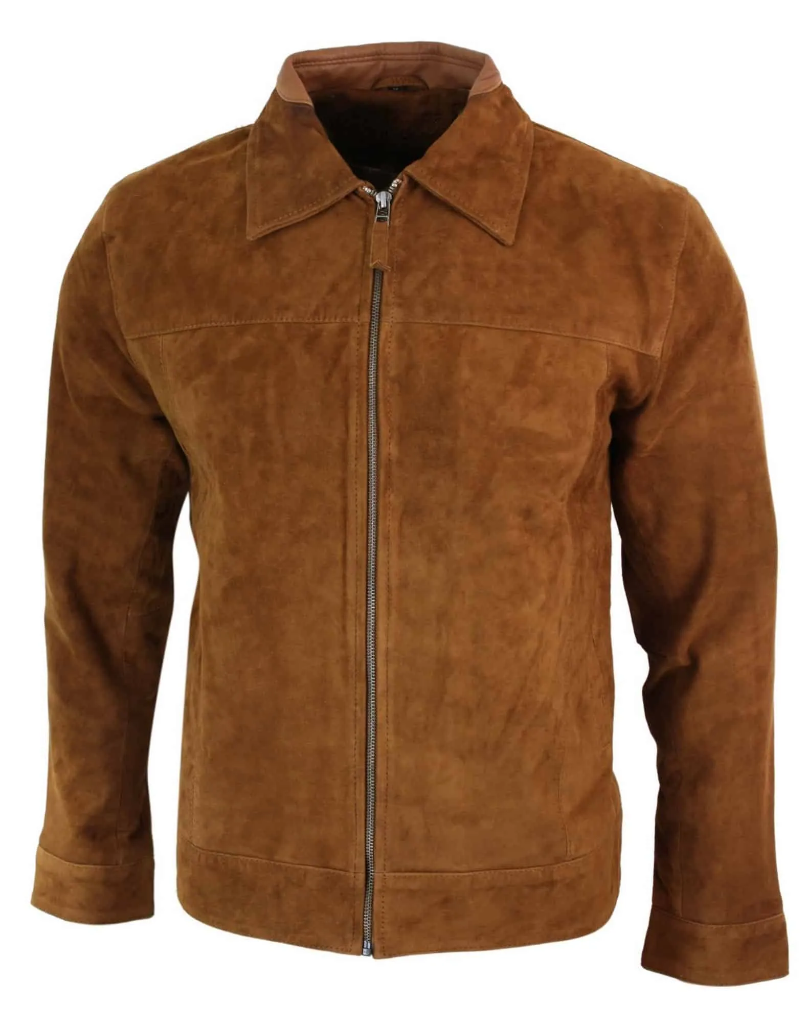 Infinity G500 Suede - Mens Real Leather Classic Zip Jacket Camel Turn Down Collar Vintage Retro