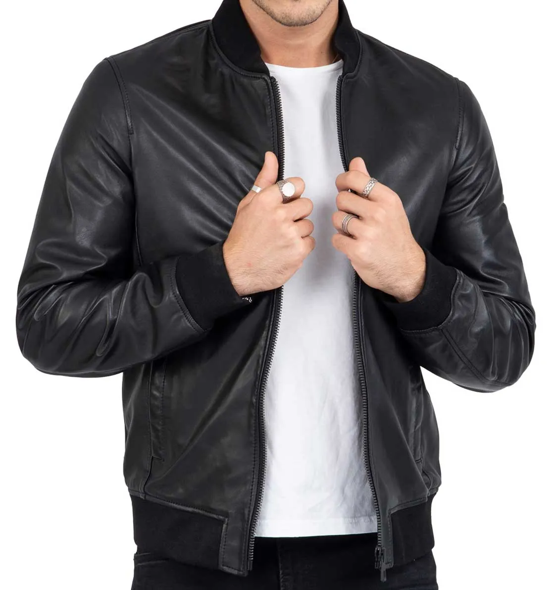 Lamb Real Leather Black Bomber Jacket for Men Regular Fit - B203