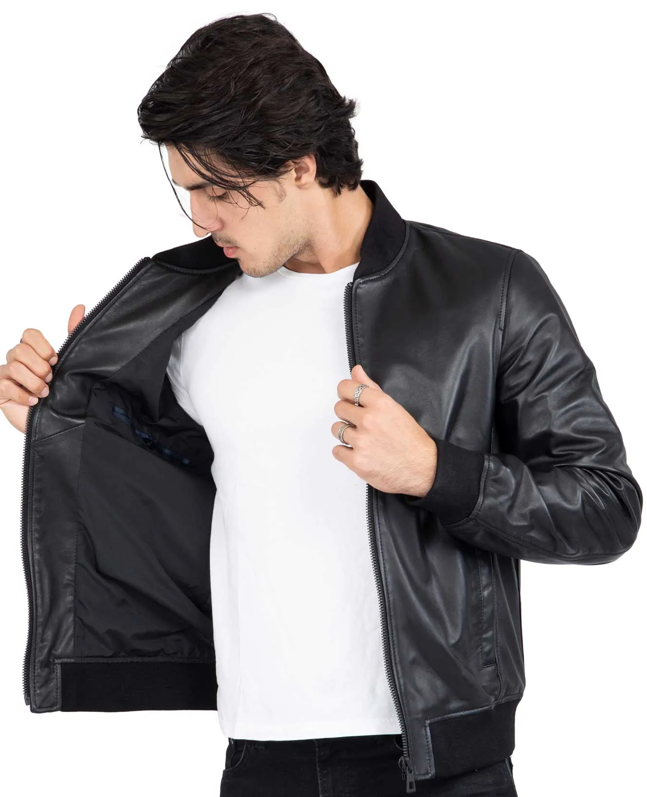 Lamb Real Leather Black Bomber Jacket for Men Regular Fit - B203