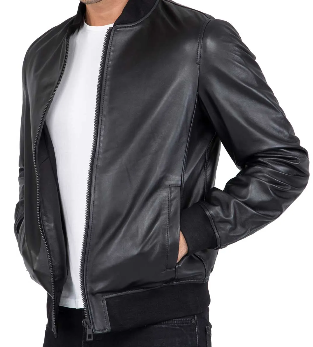 Lamb Real Leather Black Bomber Jacket for Men Regular Fit - B203