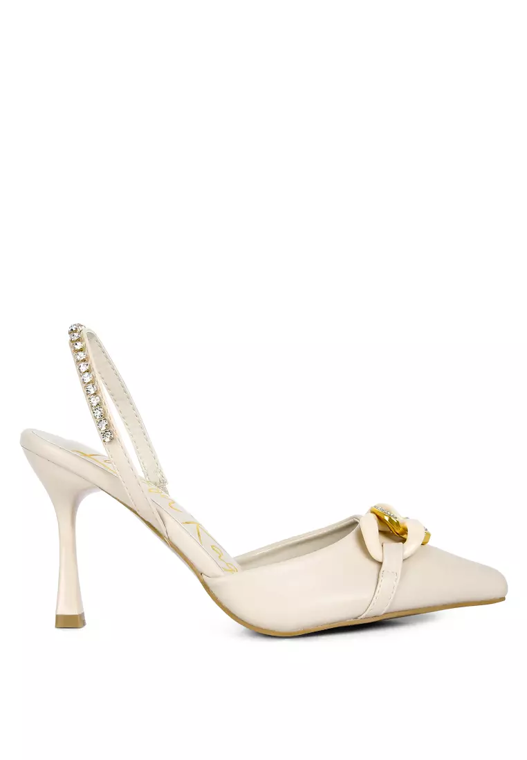 London Rag Beige Diamante Metal Chain Sandals