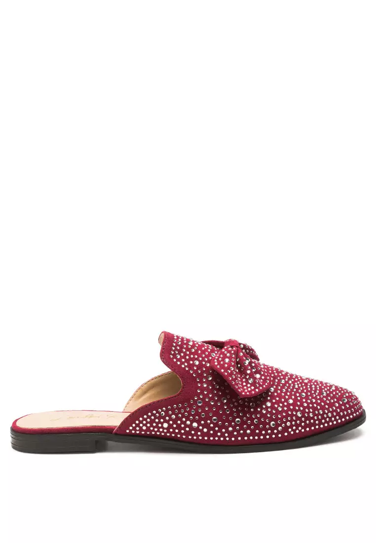 London Rag Embellished Casual Bow Mules in Dark Red